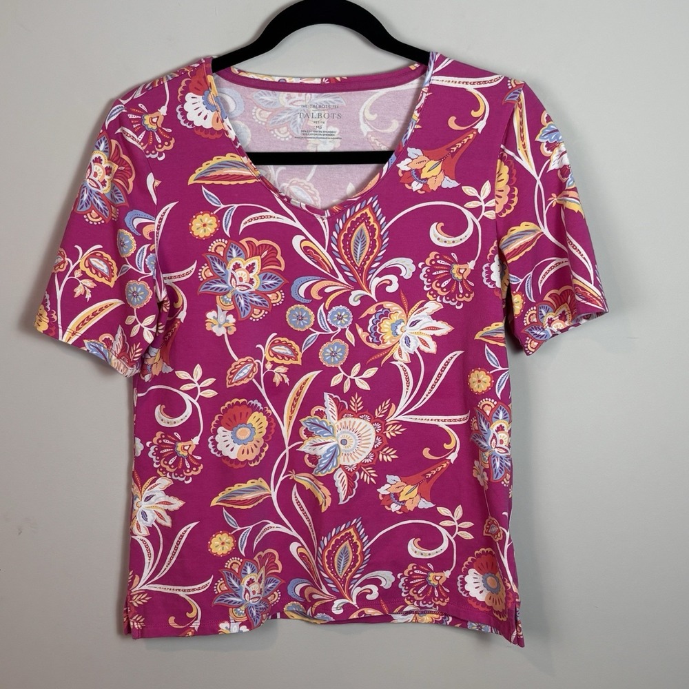 The Talbots Tee Women's Pink Floral Short Sleeve Cotton Tee SZ Petite Med Cotton